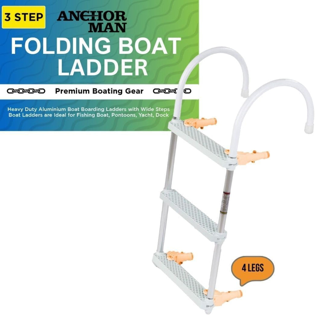 Anchor-Man Folding 3/4 Step Ladder for Fishing, Heavy-Duty Aluminum Pontoon Boat Ladder With Wide Steps, Ideal for 