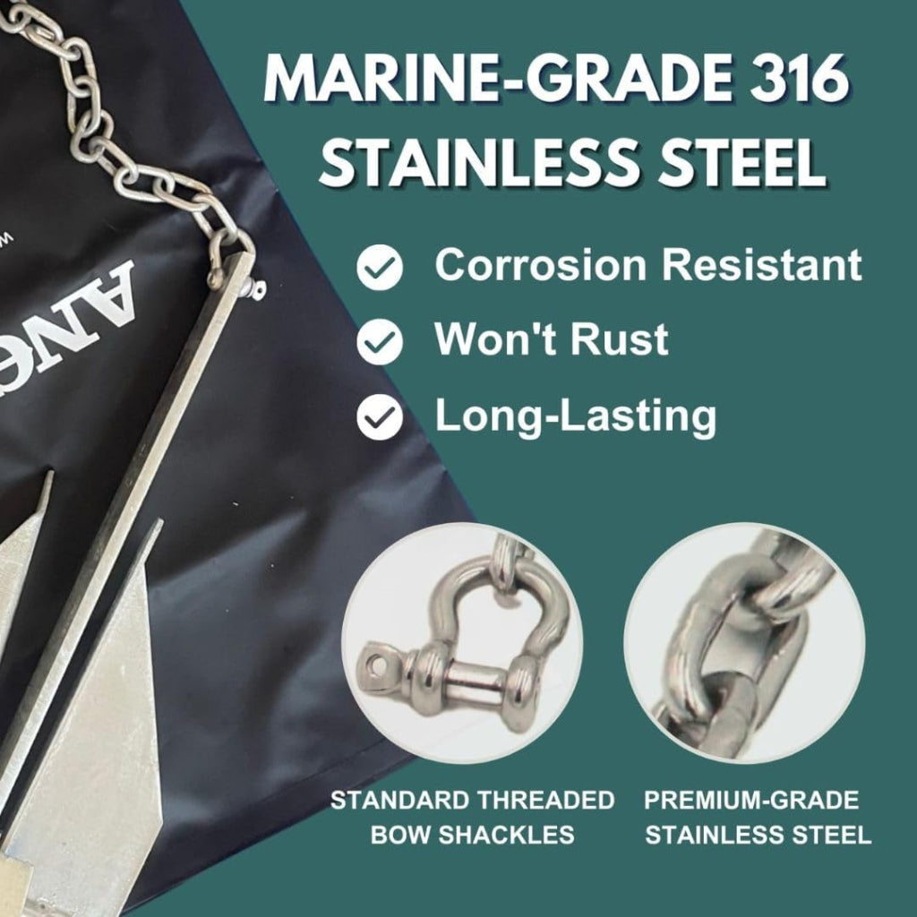 Anchor-Man Stainless Steel Boat Anchor Chain, Marine Grade, High Break Load with 2 Advanced Stainless Steel Shackle