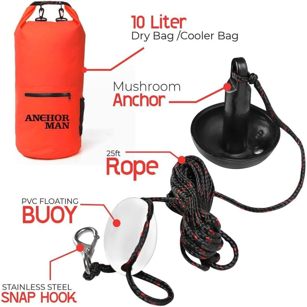 Anchor-Man Anchors Folding Kayak Grapnel Anchor, 8LB Mushroom Anchor, Complete Jet Ski Anchor Kit with PVC Coated C