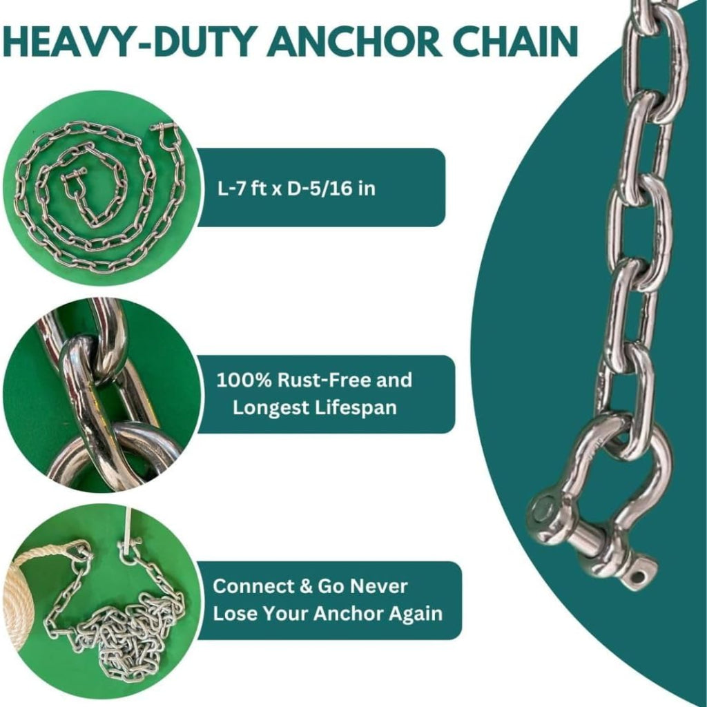 Anchor-Man Stainless Steel Boat Anchor Chain, Marine Grade, High Break Load with 2 Advanced Stainless Steel Shackle