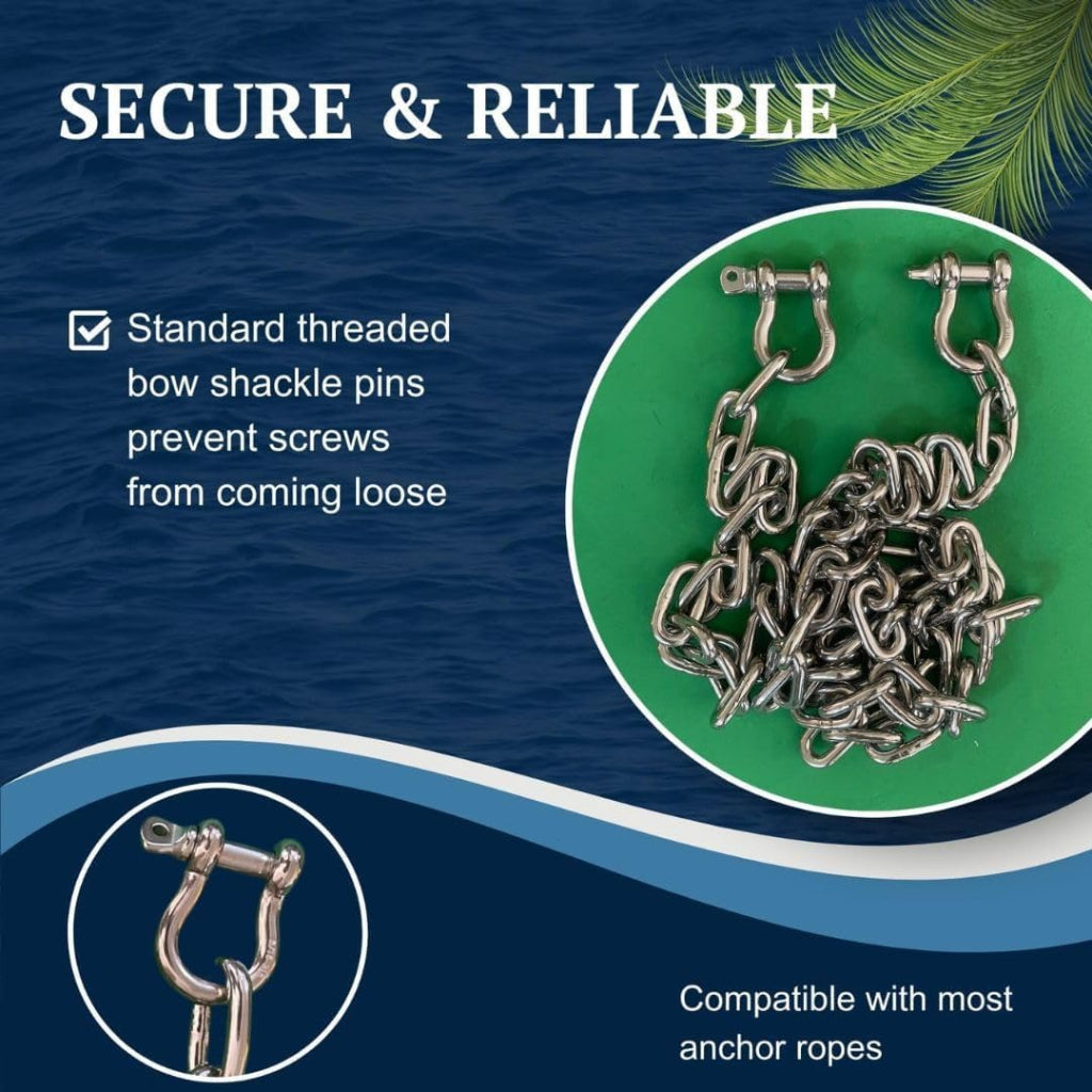 Anchor-Man Stainless Steel Boat Anchor Chain, Marine Grade, High Break Load with 2 Advanced Stainless Steel Shackle