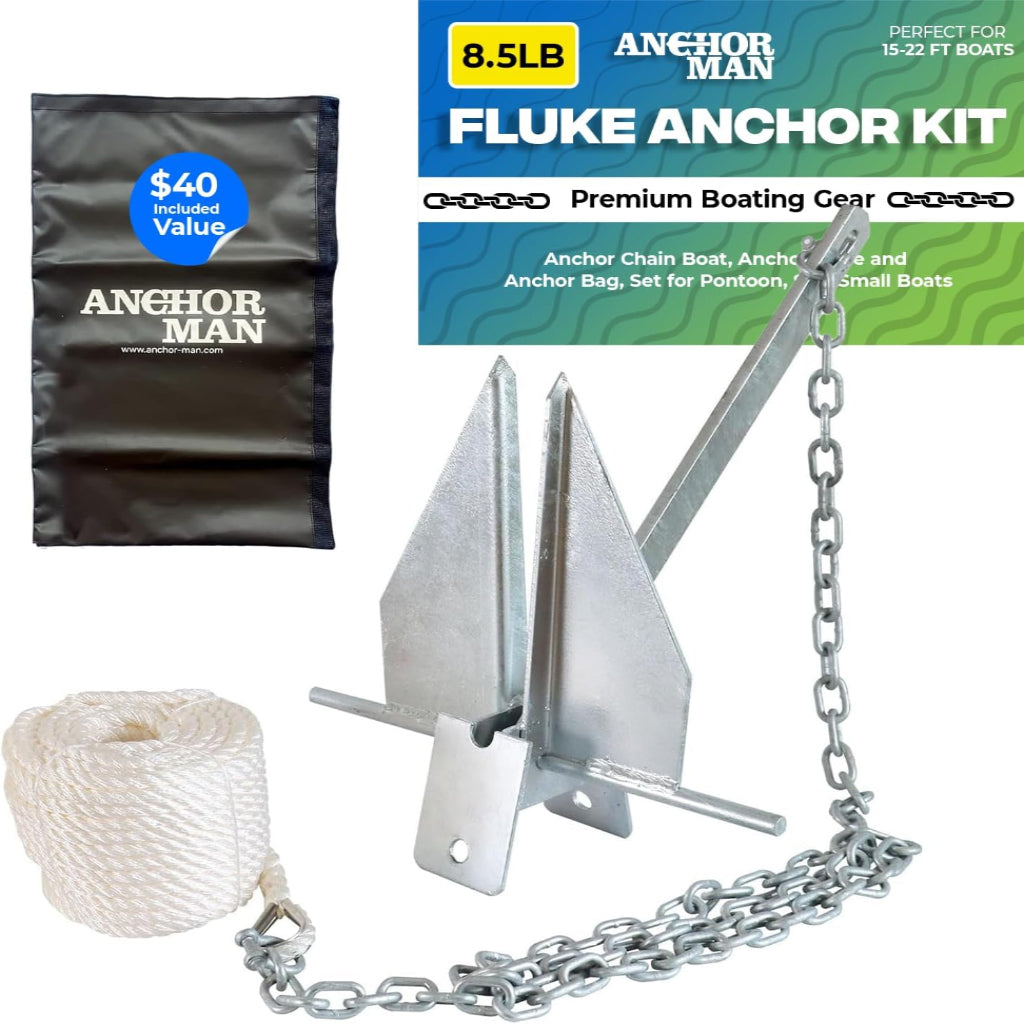 Anchor-Man Portable Galvanized Fluke Style Anchor Kit (8.5lb Kit / 13lb Kit), Anchor Chain Boat, Anchor Rope and An