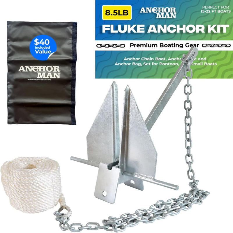 Anchor-Man Portable Galvanized Fluke Style Anchor Kit (8.5lb Kit / 13lb Kit), Anchor Chain Boat, Anchor Rope and An
