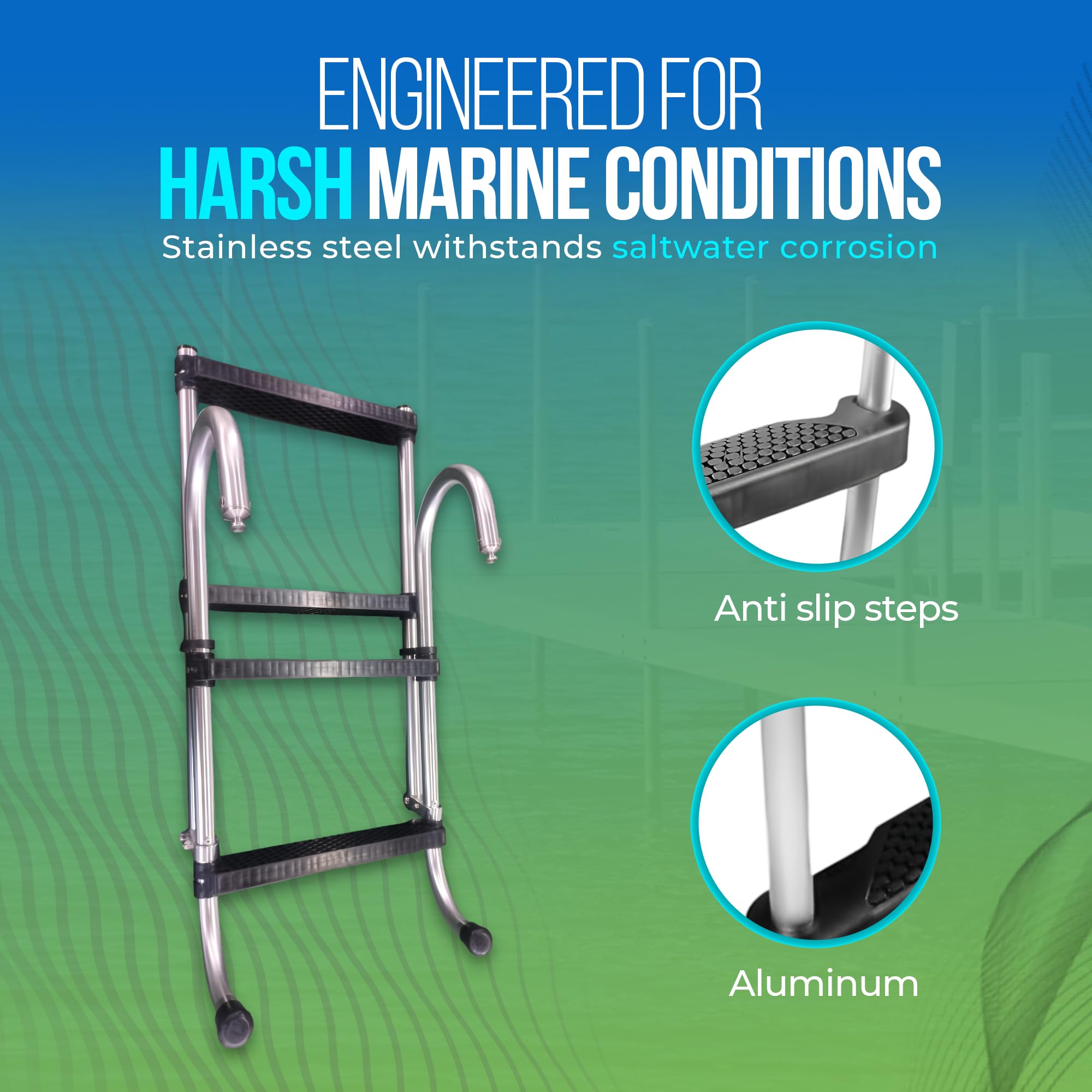 4 Step Ladder 44 x 14 , Aluminum Folding Ladder for Boat Heavy-Duty 400lb Capacity Non-Slip Marine Step Ladder Ligh Anchor-Man