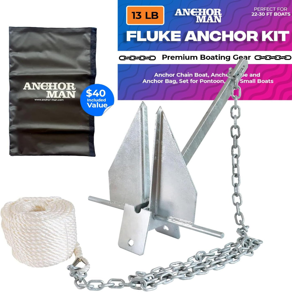 Anchor-Man Portable Galvanized Fluke Style Anchor Kit (8.5lb Kit / 13lb Kit), Anchor Chain Boat, Anchor Rope and An