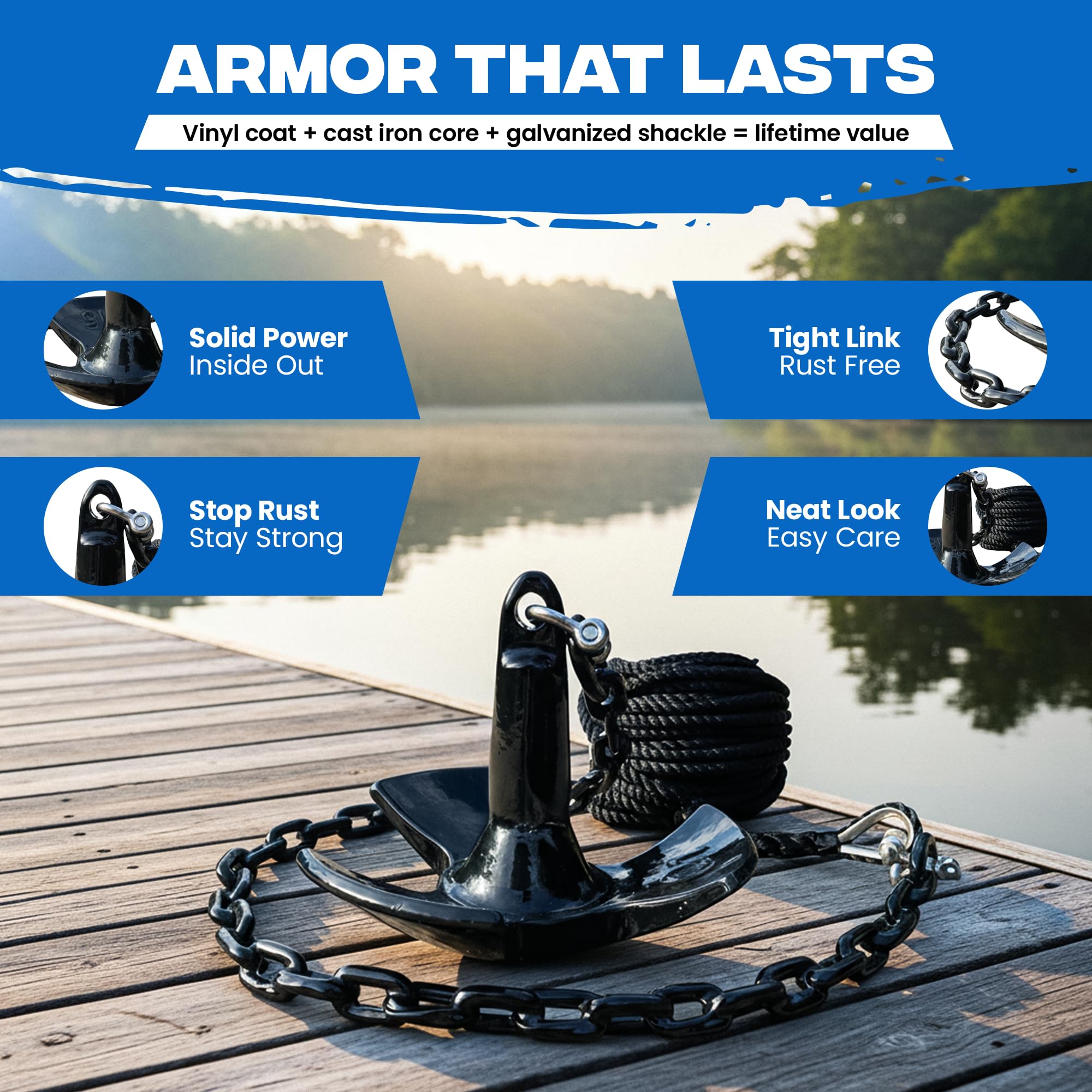 River Anchor Kit 20 lb Vinyl/PVC Coated, 100 ft Nylon Rope, 4 ft PVC-Coated Chain, Bow Shackle, Storage Bag Heavy D Anchor-Man