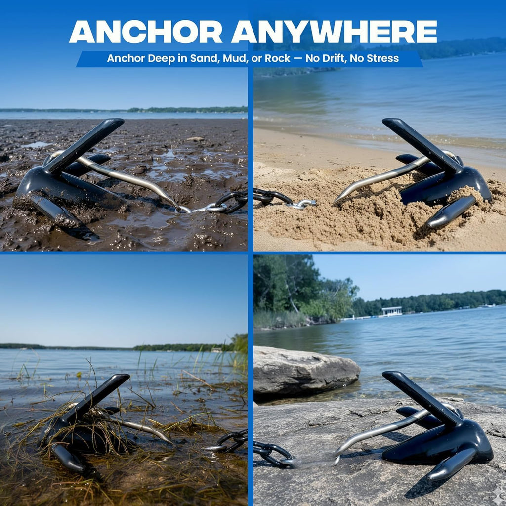 Richter Anchor Kit 25lbs with 100ft Nylon Rope, 4ft PVC Coated Chain, 3 Stainless Steel Bow Shackles Heavy Duty PVC Anchor-Man