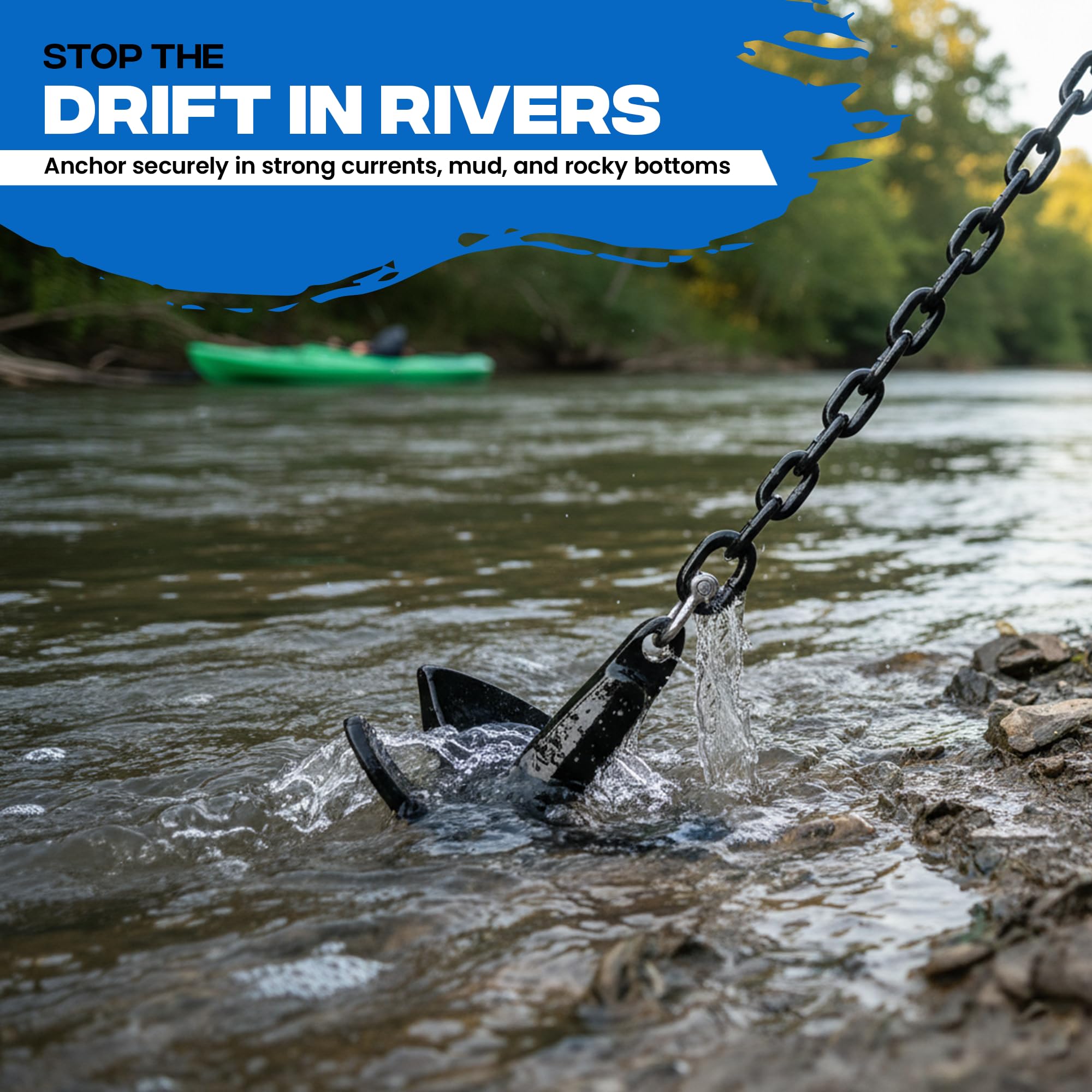 River Anchor Kit 20 lb Vinyl/PVC Coated, 100 ft Nylon Rope, 4 ft PVC-Coated Chain, Bow Shackle, Storage Bag Heavy D Anchor-Man