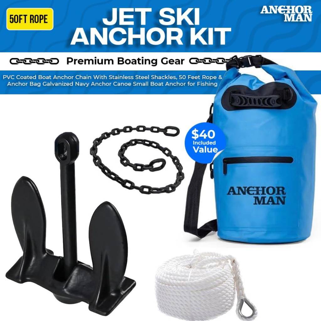 Jet Ski Anchor Kit Kayak Anchor Kit PVC Coated Boat Anchor Chain with Stainless Steel Shackles with 50 Feet Rope An Anchor-Man