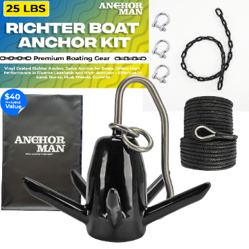 Anchor Kit 25lbs with 100ft Nylon Rope, 4ft PVC Coated Chain, 3 Stainless Steel Bow Shackles & Heavy Duty PVC Storage Bag – Complete Boat Anchor System for Lakes & Rivers